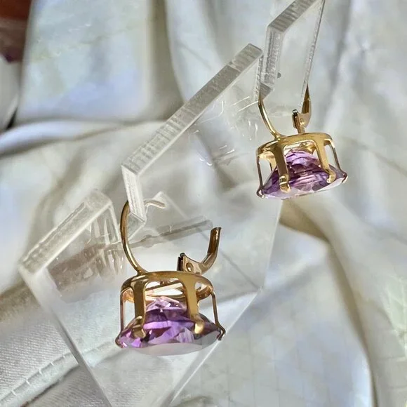14K Yellow Gold Purple Amethyst Earrings, February Birthstone Earrings